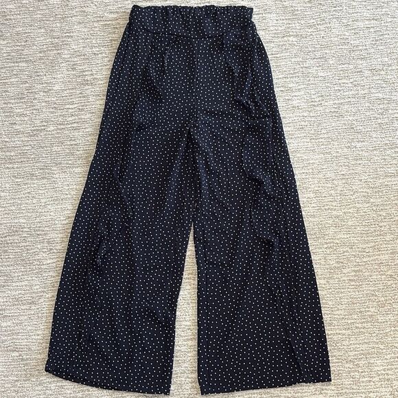 Blu Pepper Polka Dot Cascading Ruffle Wide Leg Pants Size M Navy Elastic Back - Picture 13 of 15
